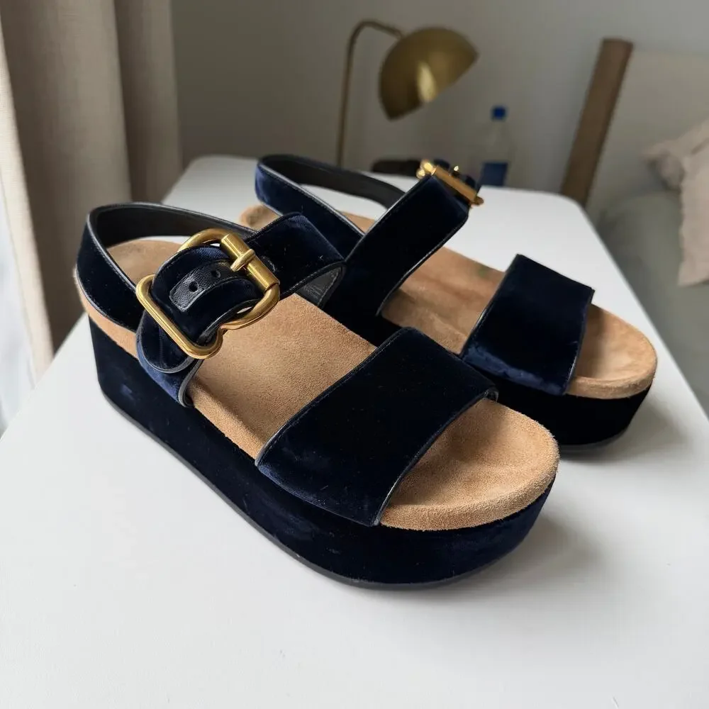Prada (38) Navy Velvet Platform Sandals Double Strap Gold Buckle Comfortable